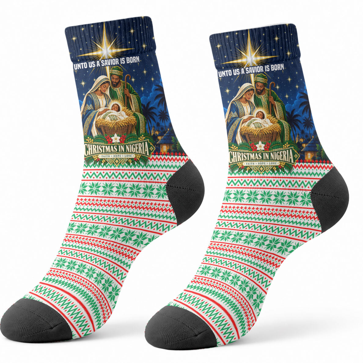 Nigeria Jesus Christmas Faith Light Crew Socks Nigerian Flag Christmas Nativity Scene