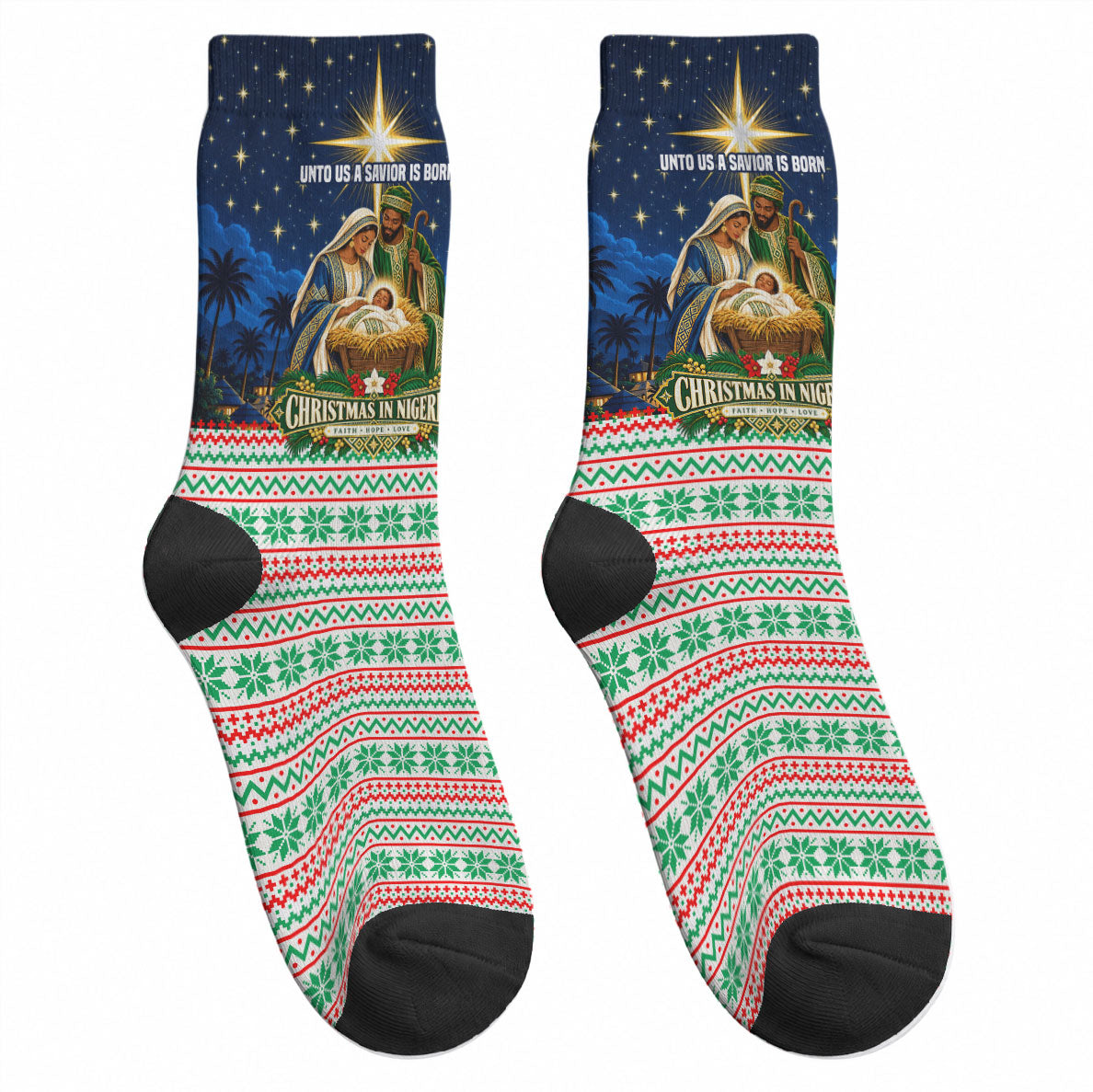 Nigeria Jesus Christmas Faith Light Crew Socks Nigerian Flag Christmas Nativity Scene