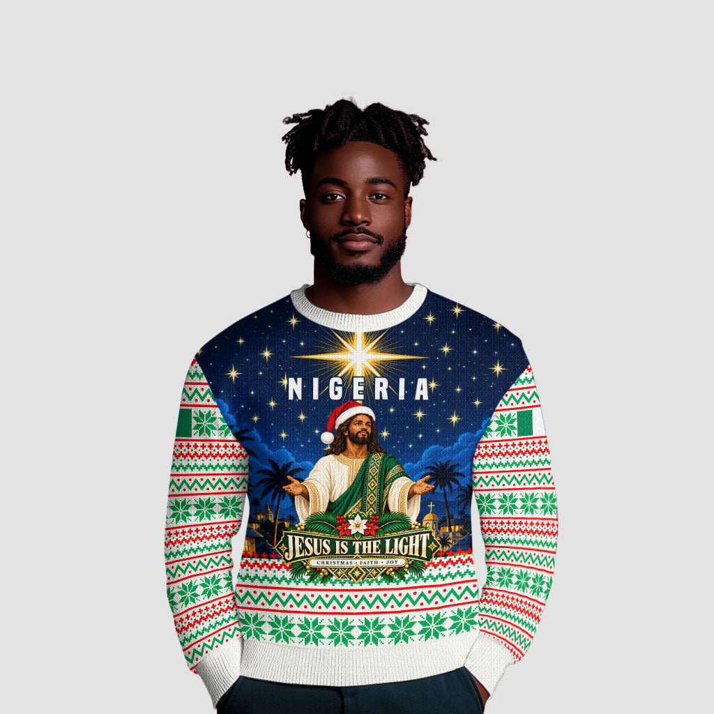 Nigeria Jesus Christmas Faith Light Ugly Christmas Sweater Nigerian Flag Christmas Nativity Scene