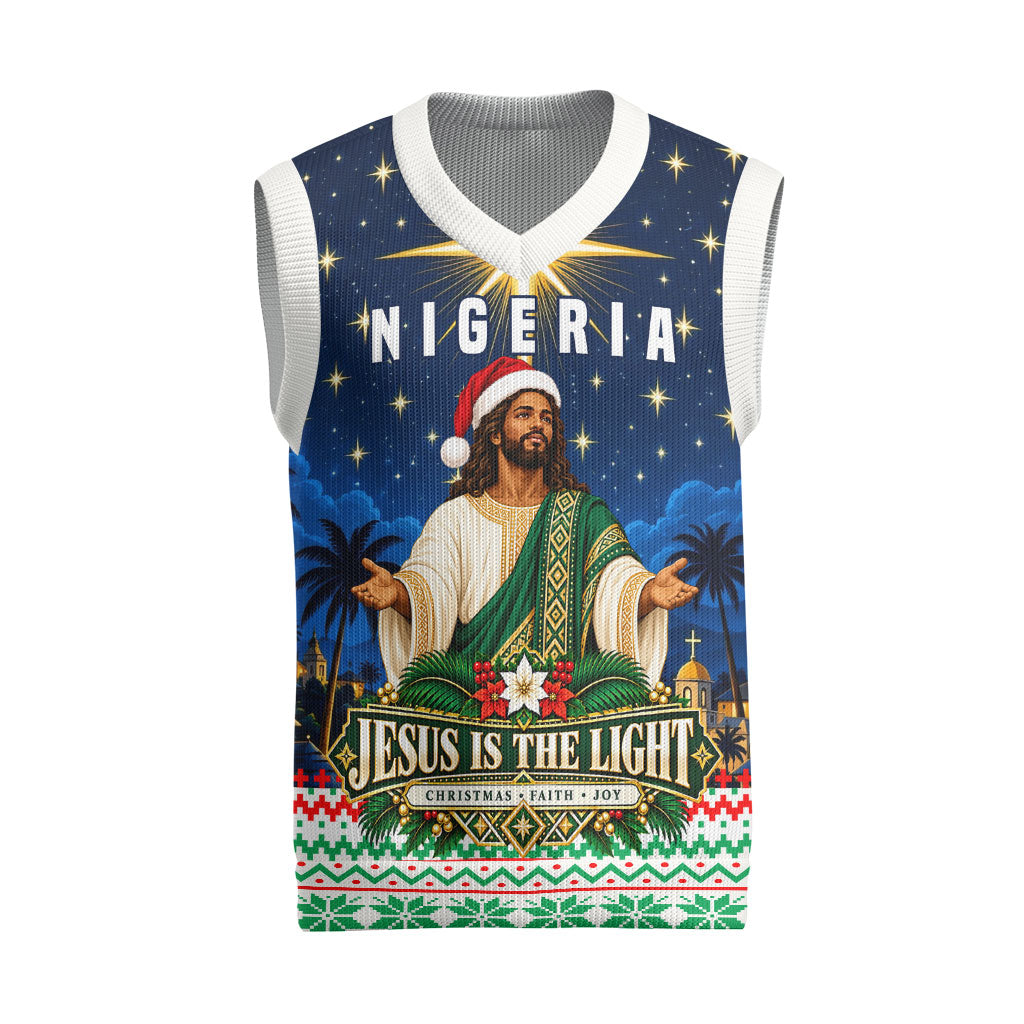 Nigeria Jesus Christmas Faith Light Christmas Knitted V-Neck Vest Nigerian Flag Christmas Nativity Scene