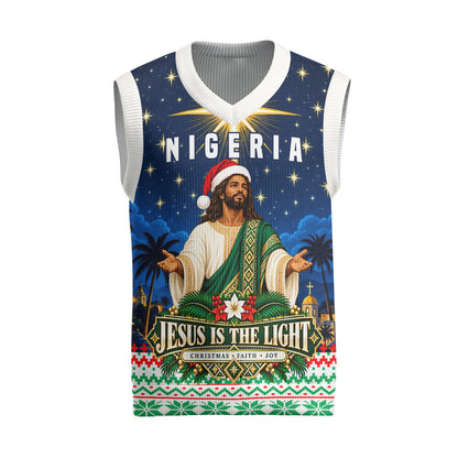 Nigeria Jesus Christmas Faith Light Christmas Knitted V-Neck Vest Nigerian Flag Christmas Nativity Scene