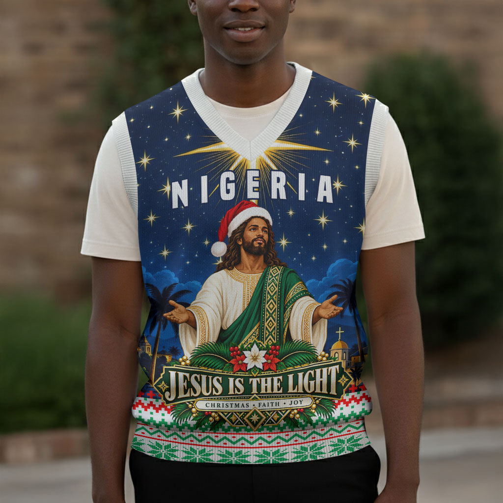 Nigeria Jesus Christmas Faith Light Christmas Knitted V-Neck Vest Nigerian Flag Christmas Nativity Scene
