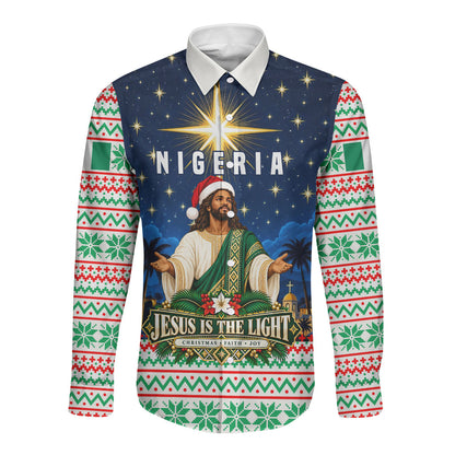 Nigeria Jesus Christmas Faith Light Long Sleeve Button Shirt Nigerian Flag Christmas Nativity Scene