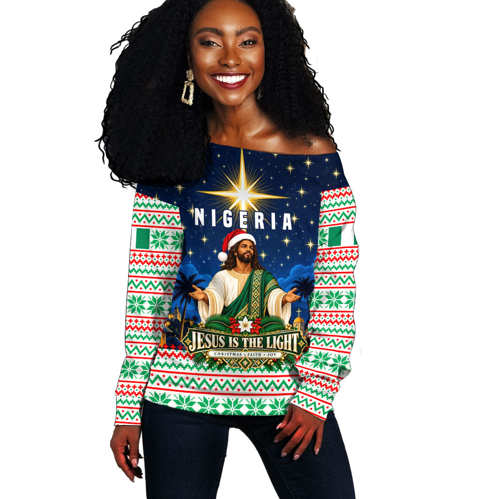 Nigeria Jesus Christmas Faith Light Off Shoulder Sweater Nigerian Flag Christmas Nativity Scene