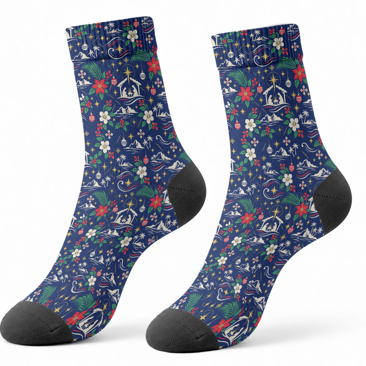 Cape Verde Jesus Christmas Crew Socks Cabo Verde Island Nativity Scene