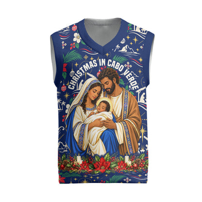 Cape Verde Jesus Christmas Knitted V-Neck Vest Cabo Verde Island Nativity Scene