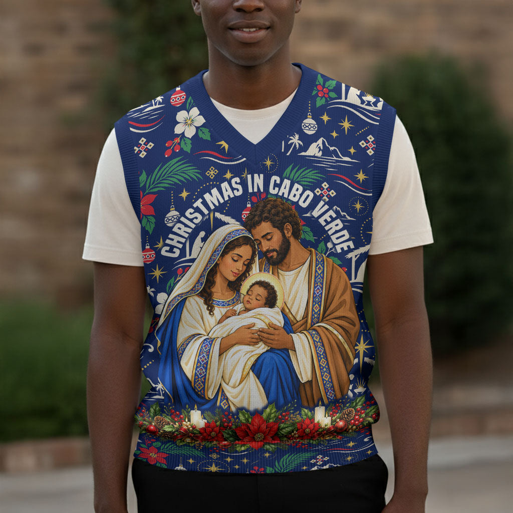 Cape Verde Jesus Christmas Knitted V-Neck Vest Cabo Verde Island Nativity Scene