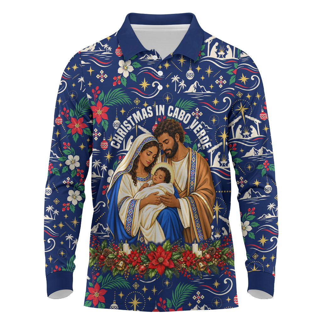 Cape Verde Jesus Christmas Long Sleeve Polo Shirt Cabo Verde Island Nativity Scene