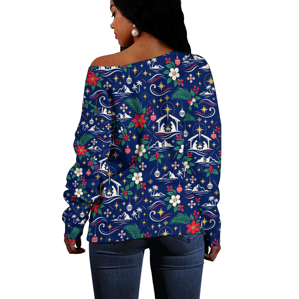 Cape Verde Jesus Christmas Off Shoulder Sweater Cabo Verde Island Nativity Scene