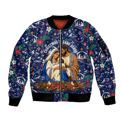 Cape Verde Jesus Christmas Sleeve Zip Bomber Jacket Cabo Verde Island Nativity Scene