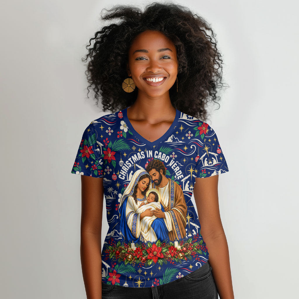 Cape Verde Jesus Christmas Women V-Neck T-Shirt Cabo Verde Island Nativity Scene