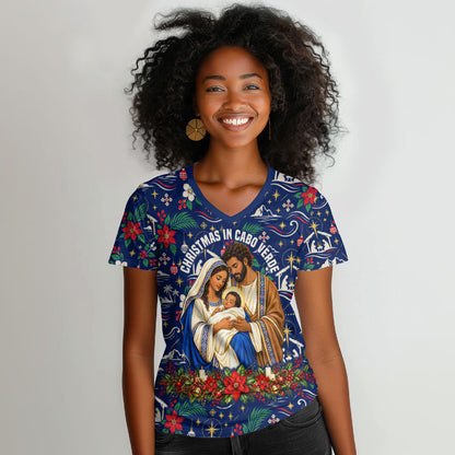 Cape Verde Jesus Christmas Women V-Neck T-Shirt Cabo Verde Island Nativity Scene
