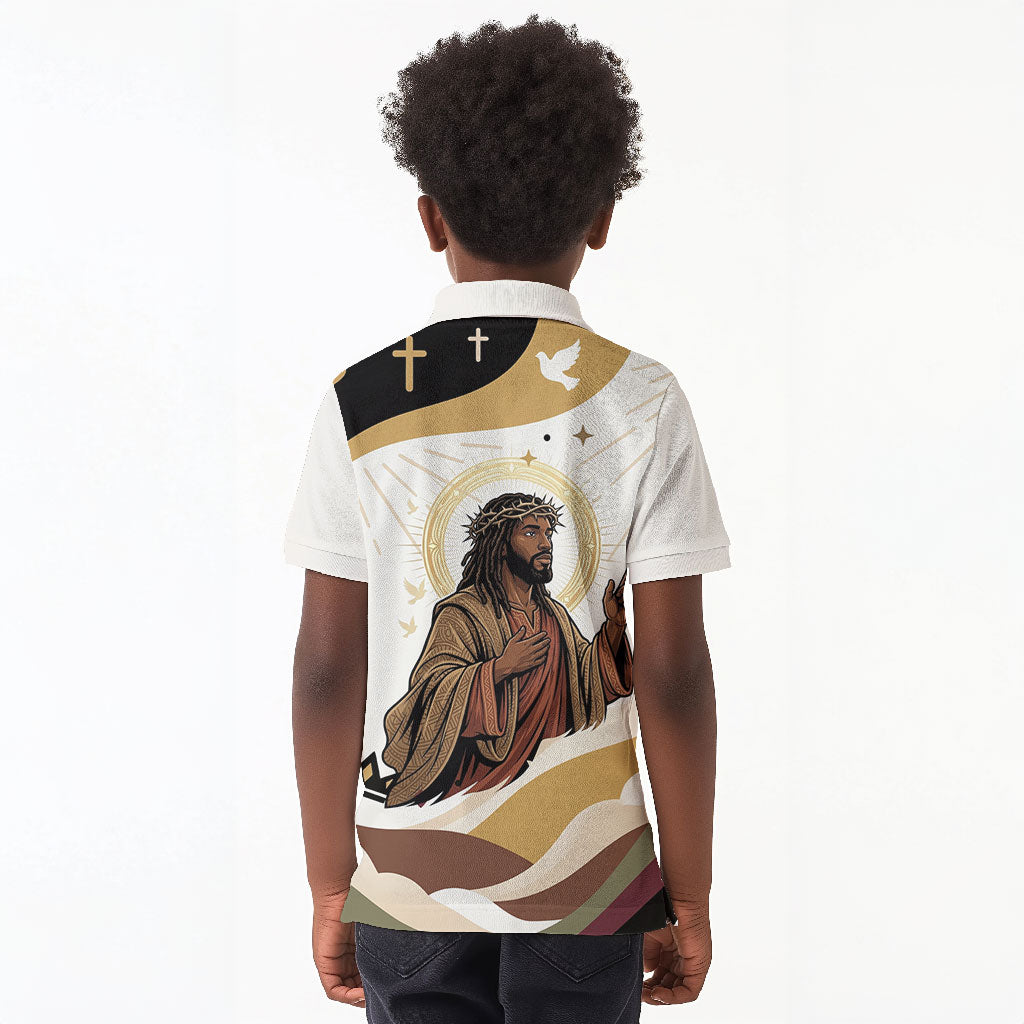 King Jesus African Black Christ Kid Polo Shirt Religious Christian Faith Holy Cross Dove Spiritual