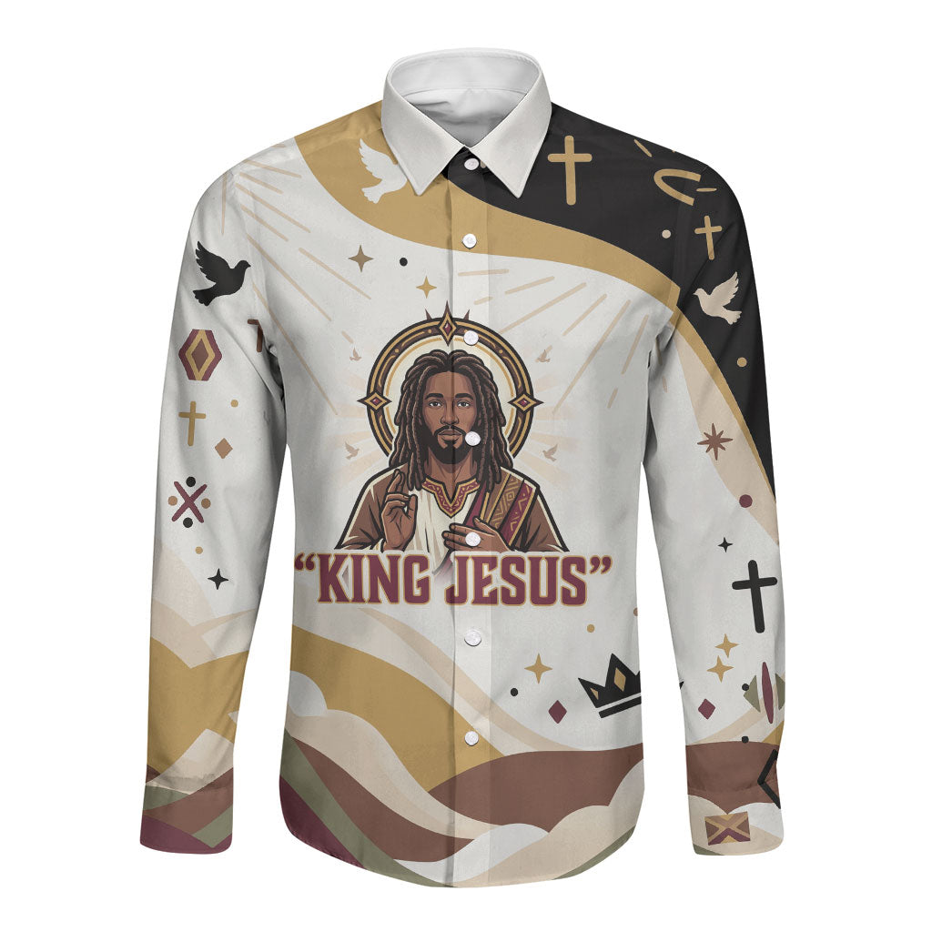 King Jesus African Black Christ Long Sleeve Button Shirt Religious Christian Faith Holy Cross Dove Spiritual