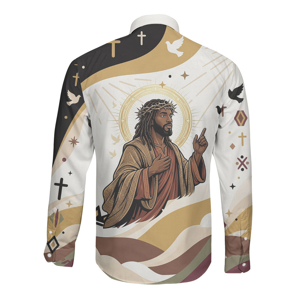 King Jesus African Black Christ Long Sleeve Button Shirt Religious Christian Faith Holy Cross Dove Spiritual