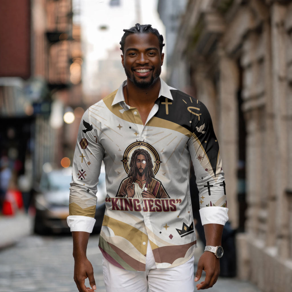 King Jesus African Black Christ Long Sleeve Button Shirt Religious Christian Faith Holy Cross Dove Spiritual