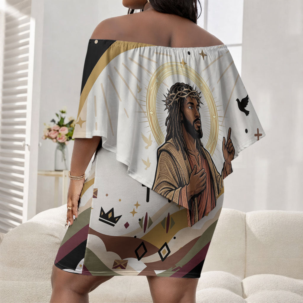 King Jesus African Black Christ Off Shoulder Short Dress Religious Christian Faith Holy Cross Dove Spiritual
