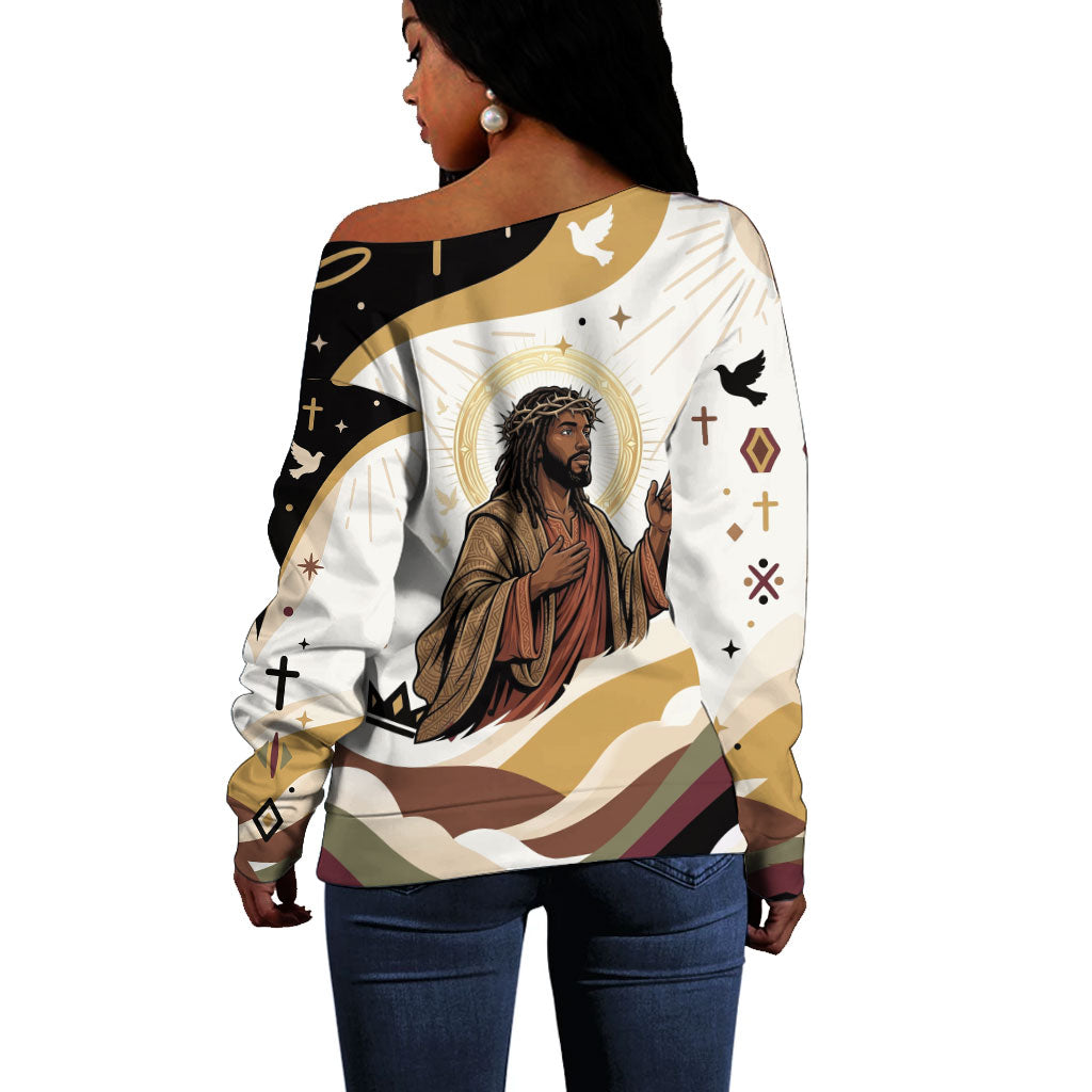 King Jesus African Black Christ Off Shoulder Sweater Religious Christian Faith Holy Cross Dove Spiritual
