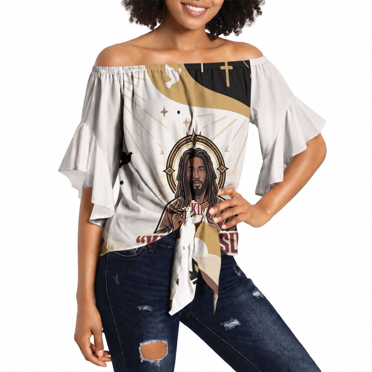 King Jesus African Black Christ Off Shoulder Wrap Waist Top Religious Christian Faith Holy Cross Dove Spiritual