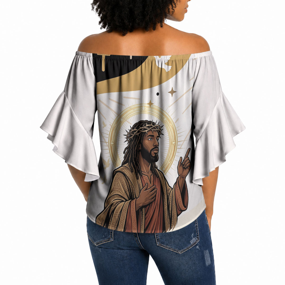 King Jesus African Black Christ Off Shoulder Wrap Waist Top Religious Christian Faith Holy Cross Dove Spiritual