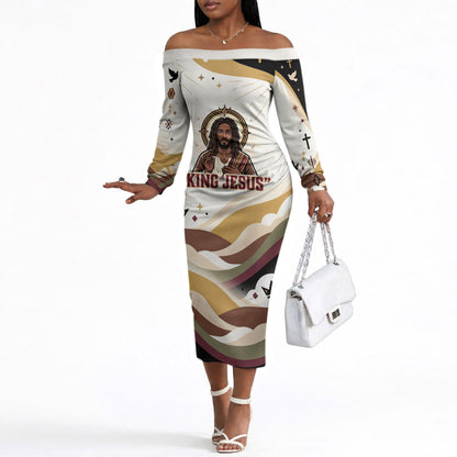 King Jesus African Black Christ Off The Shoulder Long Sleeve Dress Religious Christian Faith Holy Cross Dove Spiritual
