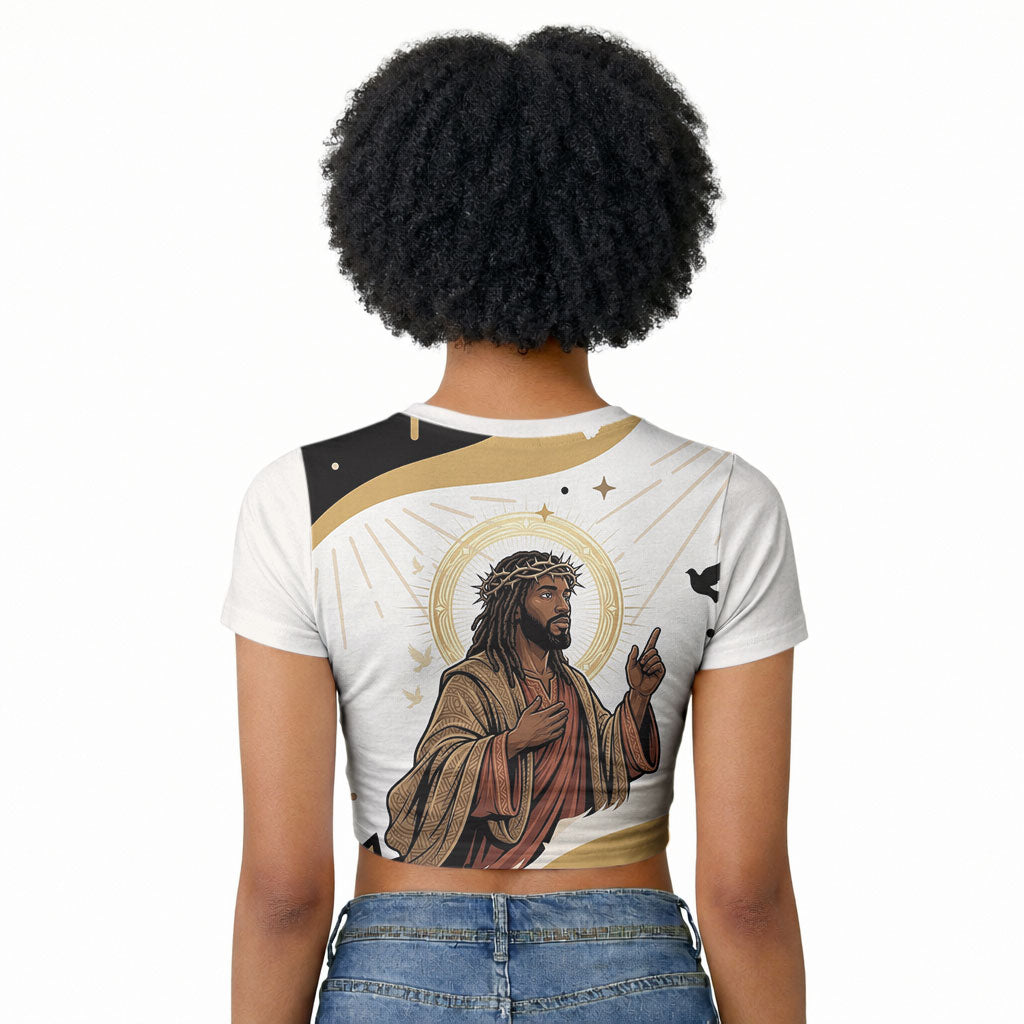 King Jesus African Black Christ Raglan Cropped T shirt Religious Christian Faith Holy Cross Dove Spiritual