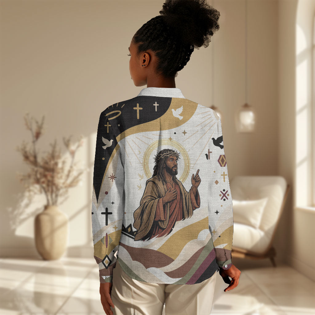 King Jesus African Black Christ Women Casual Shirt Religious Christian Faith Holy Cross Dove Spiritual