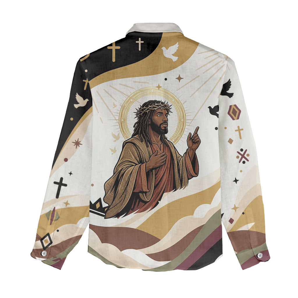 King Jesus African Black Christ Women Casual Shirt Religious Christian Faith Holy Cross Dove Spiritual