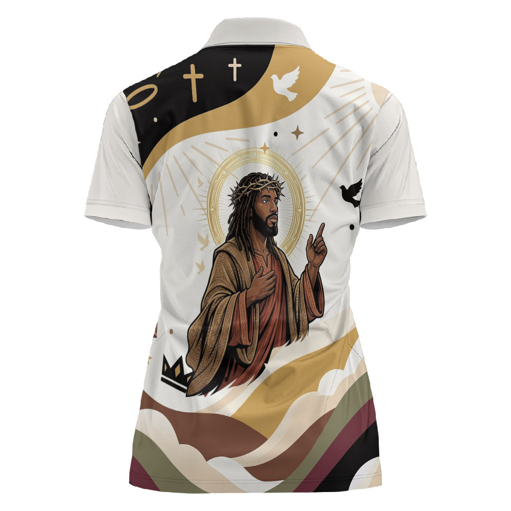 King Jesus African Black Christ Women Polo Shirt Religious Christian Faith Holy Cross Dove Spiritual