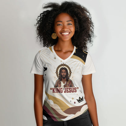King Jesus African Black Christ Women V-Neck T-Shirt Religious Christian Faith Holy Cross Dove Spiritual