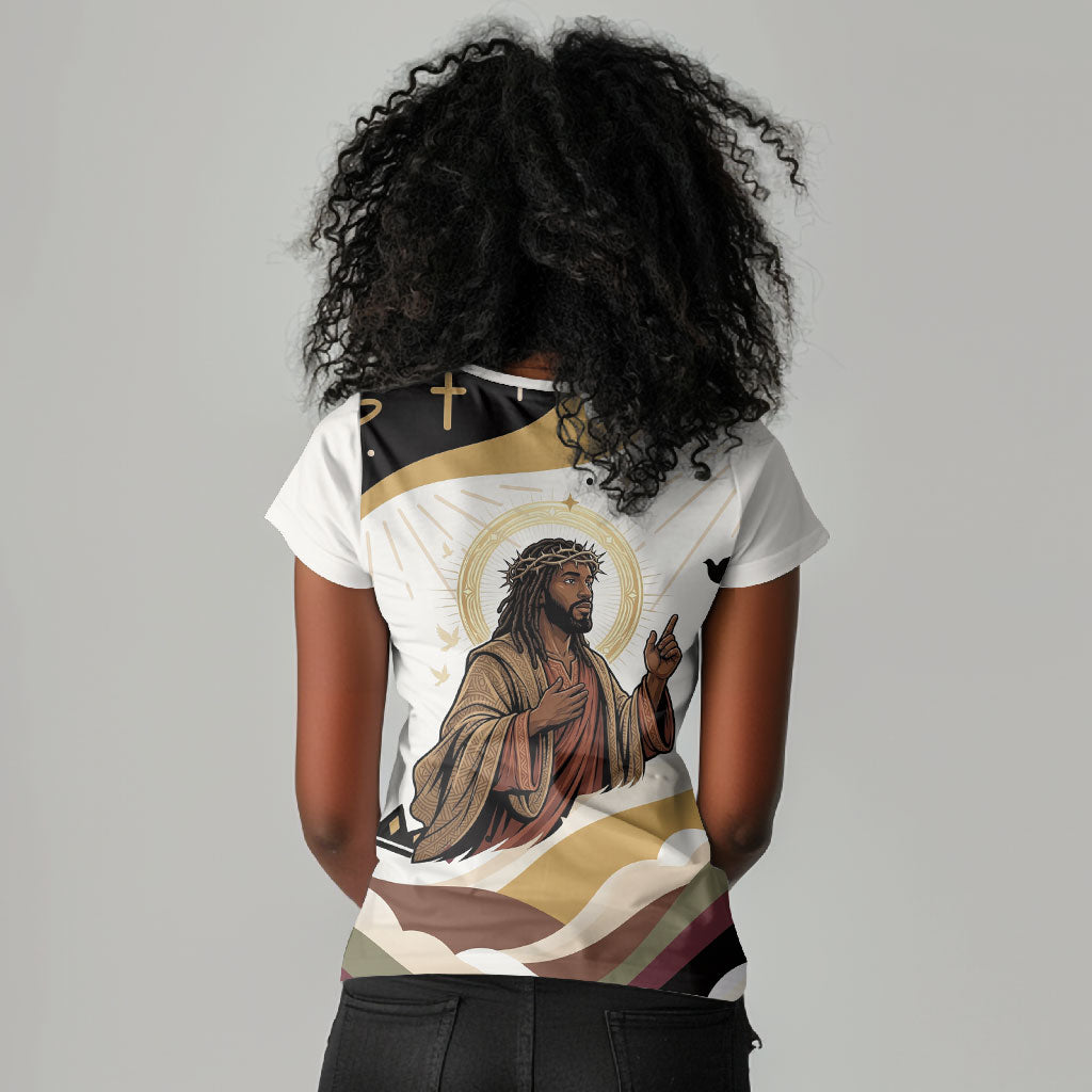 King Jesus African Black Christ Women V-Neck T-Shirt Religious Christian Faith Holy Cross Dove Spiritual