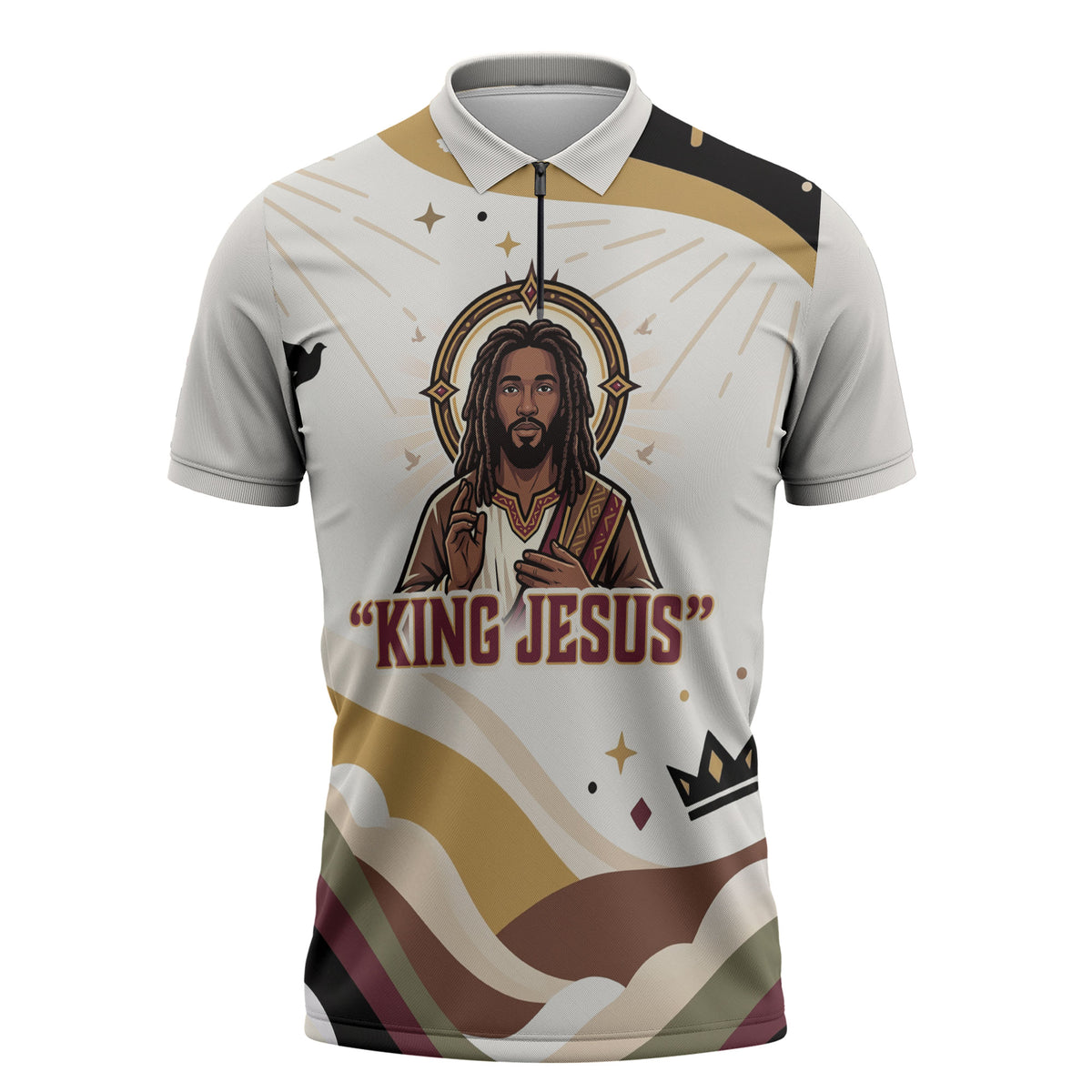 King Jesus African Black Christ Zipper Polo Shirt Religious Christian Faith Holy Cross Dove Spiritual