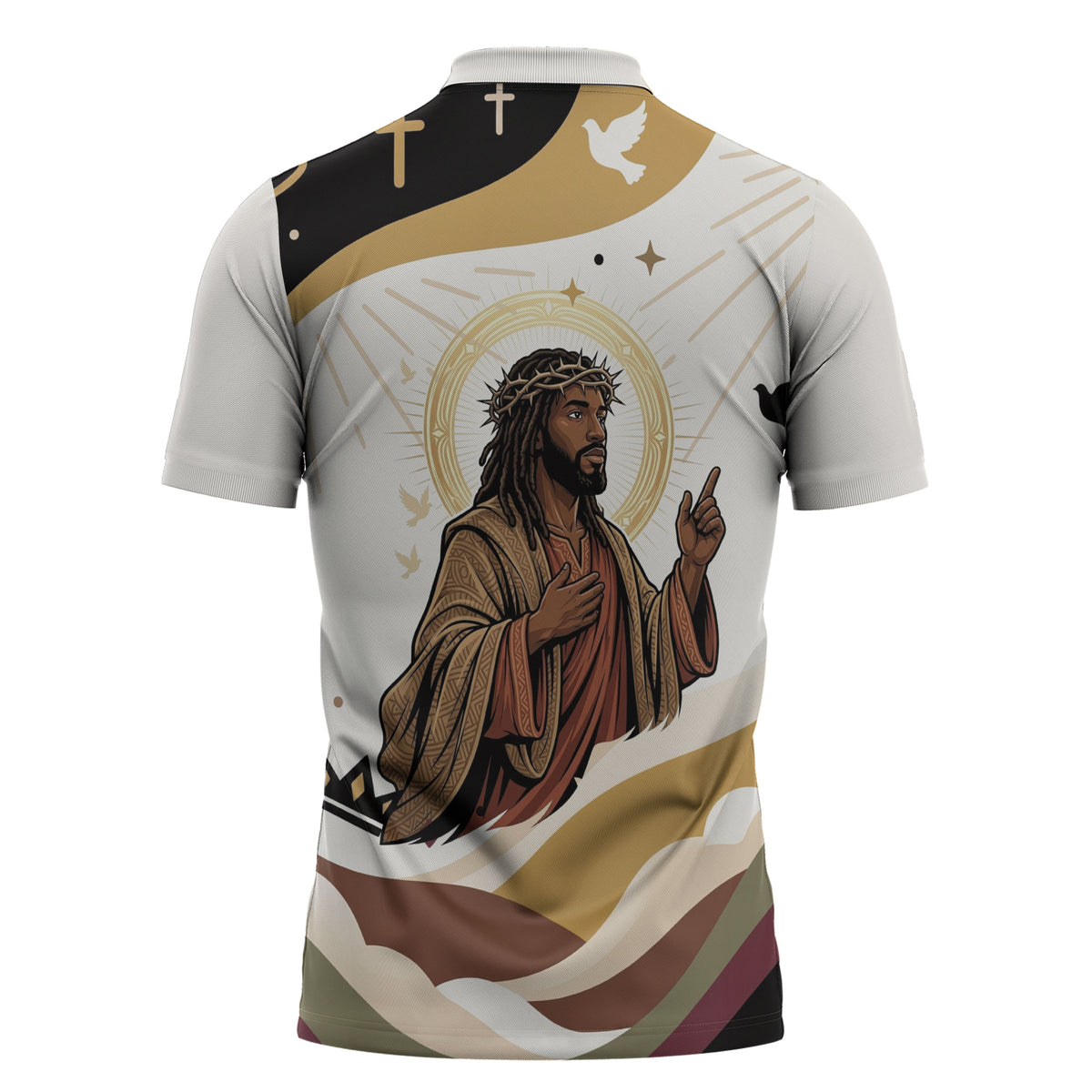 King Jesus African Black Christ Zipper Polo Shirt Religious Christian Faith Holy Cross Dove Spiritual