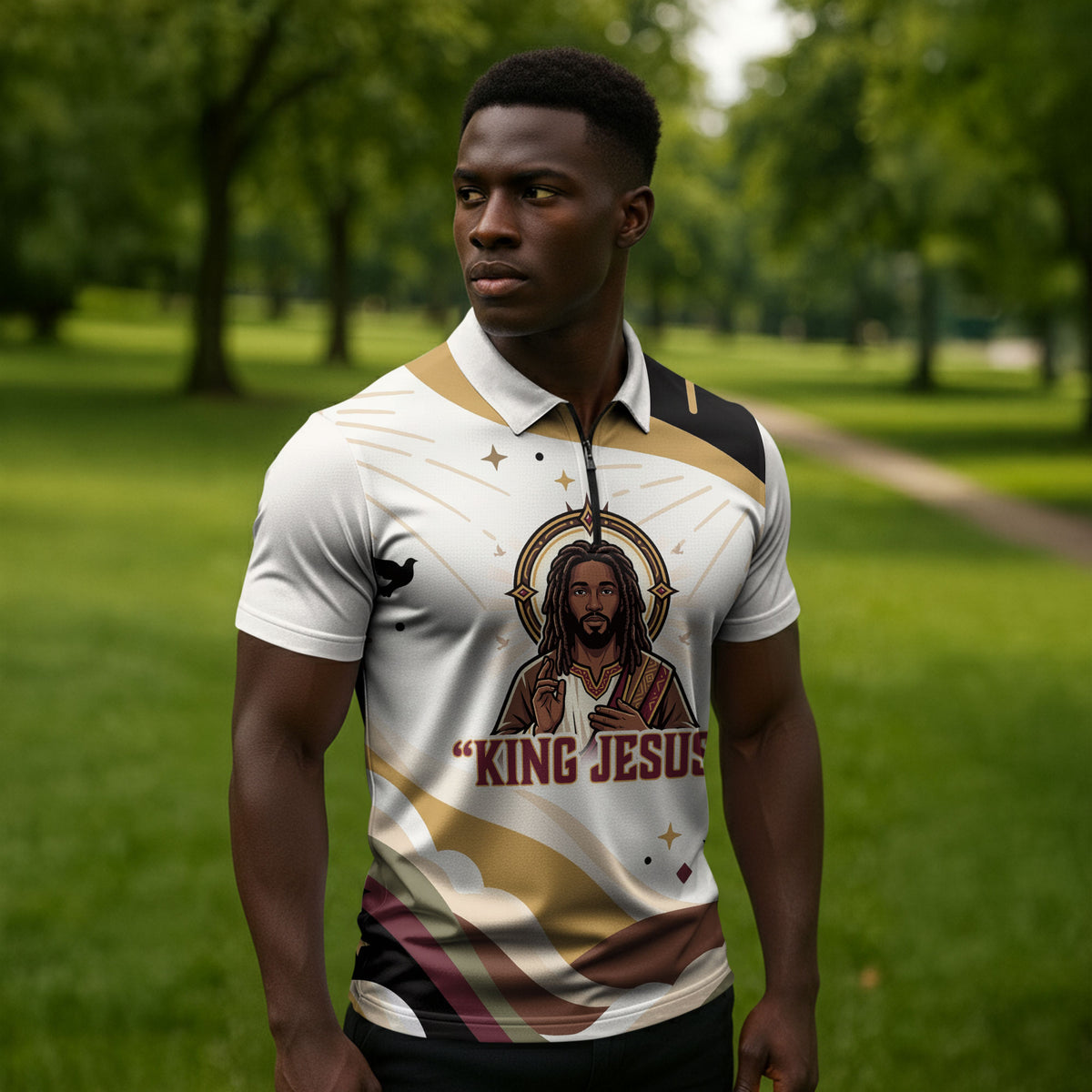 King Jesus African Black Christ Zipper Polo Shirt Religious Christian Faith Holy Cross Dove Spiritual