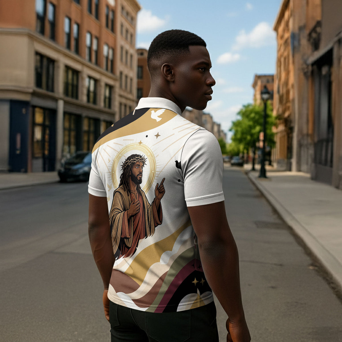 King Jesus African Black Christ Zipper Polo Shirt Religious Christian Faith Holy Cross Dove Spiritual