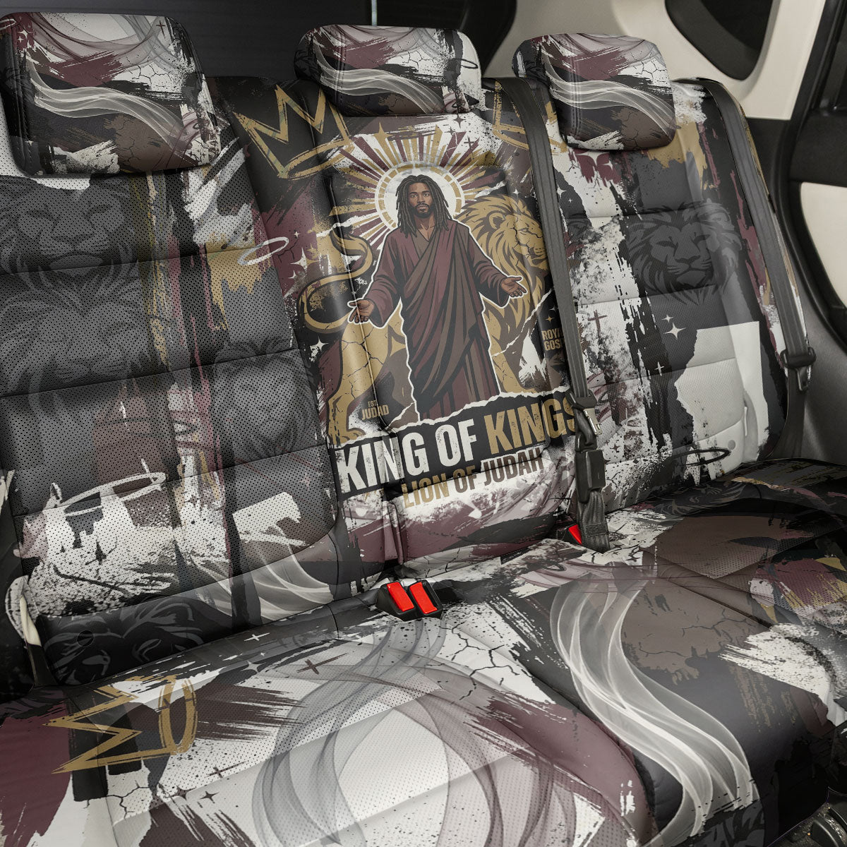 King Of Kings Jesus Is King Lion Of Judah Africa Back Car Seat Cover Black Christ Religious Faith Lion Crown Grunge