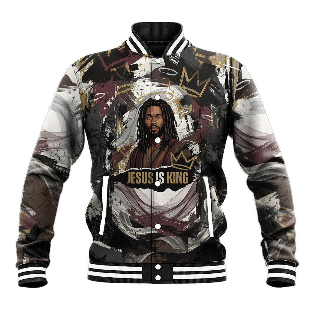 King Of Kings Jesus Is King Lion Of Judah Africa Baseball Jacket Black Christ Religious Faith Lion Crown Grunge