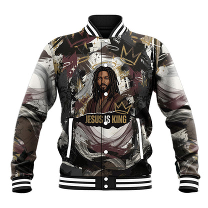 King Of Kings Jesus Is King Lion Of Judah Africa Baseball Jacket Black Christ Religious Faith Lion Crown Grunge