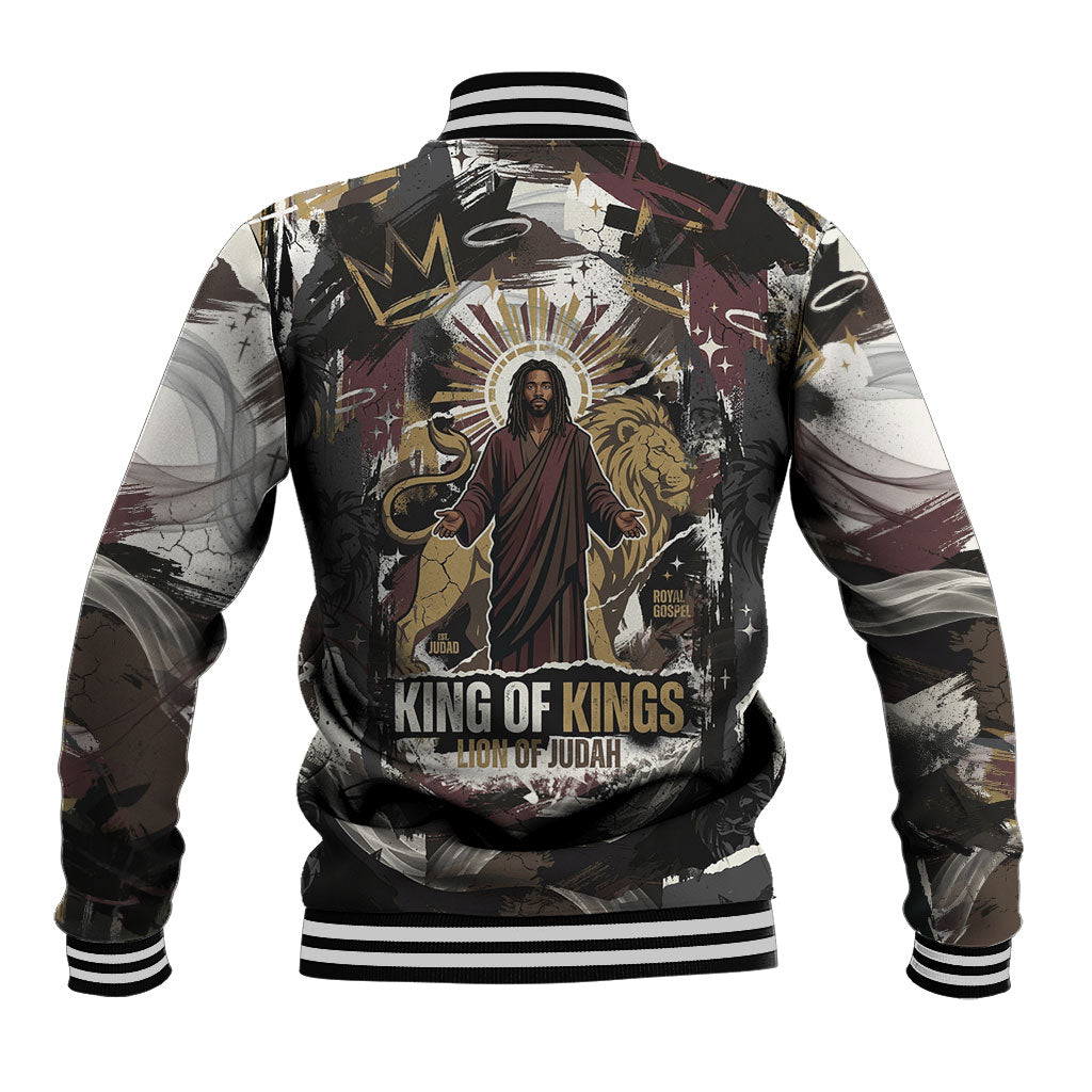 King Of Kings Jesus Is King Lion Of Judah Africa Baseball Jacket Black Christ Religious Faith Lion Crown Grunge