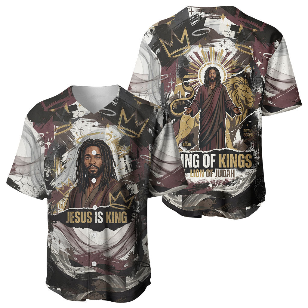 King Of Kings Jesus Is King Lion Of Judah Africa Baseball Jersey Black Christ Religious Faith Lion Crown Grunge