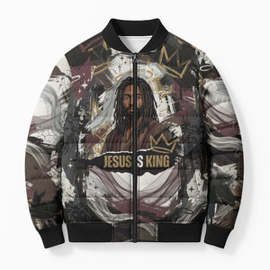 King Of Kings Jesus Is King Lion Of Judah Africa Bomber Puffer Jacket Black Christ Religious Faith Lion Crown Grunge