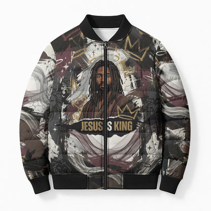 King Of Kings Jesus Is King Lion Of Judah Africa Bomber Puffer Jacket Black Christ Religious Faith Lion Crown Grunge