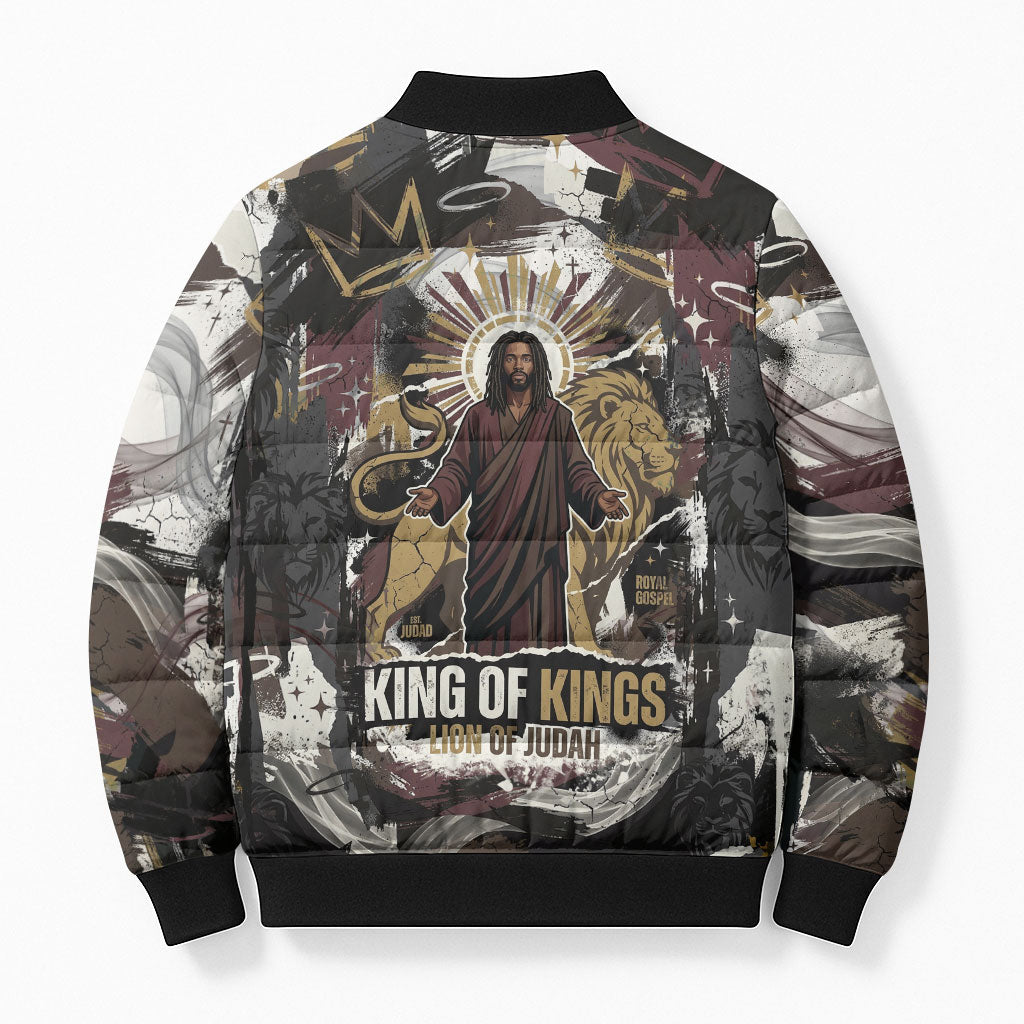 King Of Kings Jesus Is King Lion Of Judah Africa Bomber Puffer Jacket Black Christ Religious Faith Lion Crown Grunge