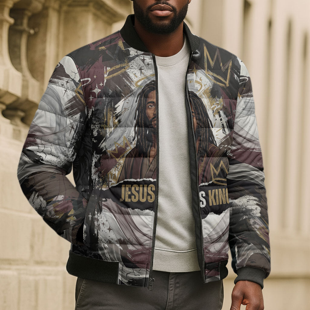 King Of Kings Jesus Is King Lion Of Judah Africa Bomber Puffer Jacket Black Christ Religious Faith Lion Crown Grunge