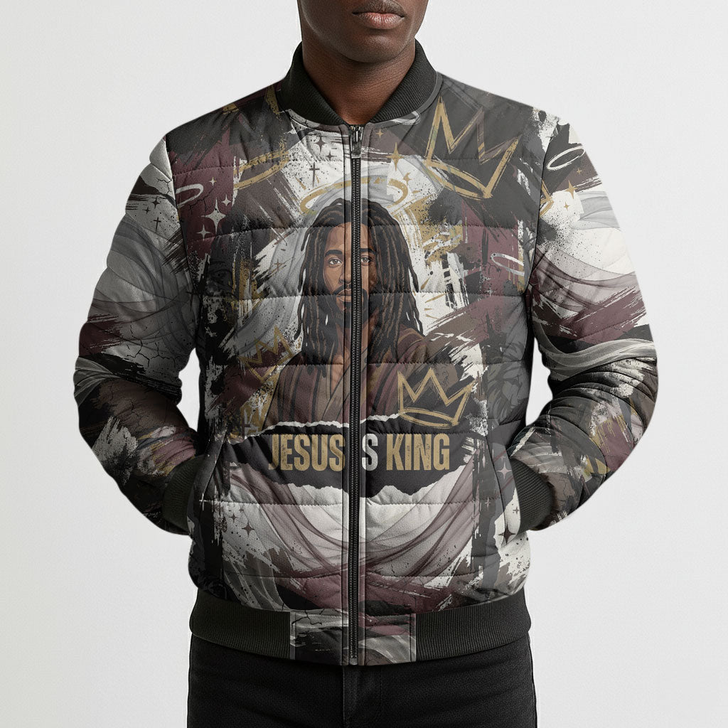 King Of Kings Jesus Is King Lion Of Judah Africa Bomber Puffer Jacket Black Christ Religious Faith Lion Crown Grunge