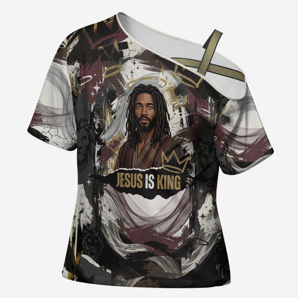 King Of Kings Jesus Is King Lion Of Judah Africa Cross Shoulder Shirt Black Christ Religious Faith Lion Crown Grunge