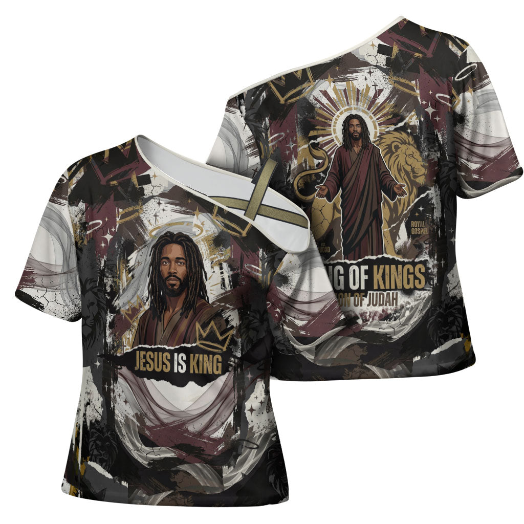 King Of Kings Jesus Is King Lion Of Judah Africa Cross Shoulder Shirt Black Christ Religious Faith Lion Crown Grunge