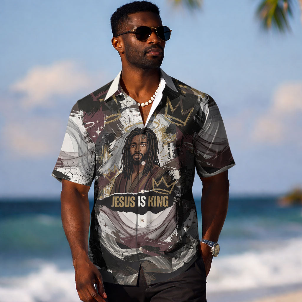 King Of Kings Jesus Is King Lion Of Judah Africa Hawaiian Shirt Black Christ Religious Faith Lion Crown Grunge