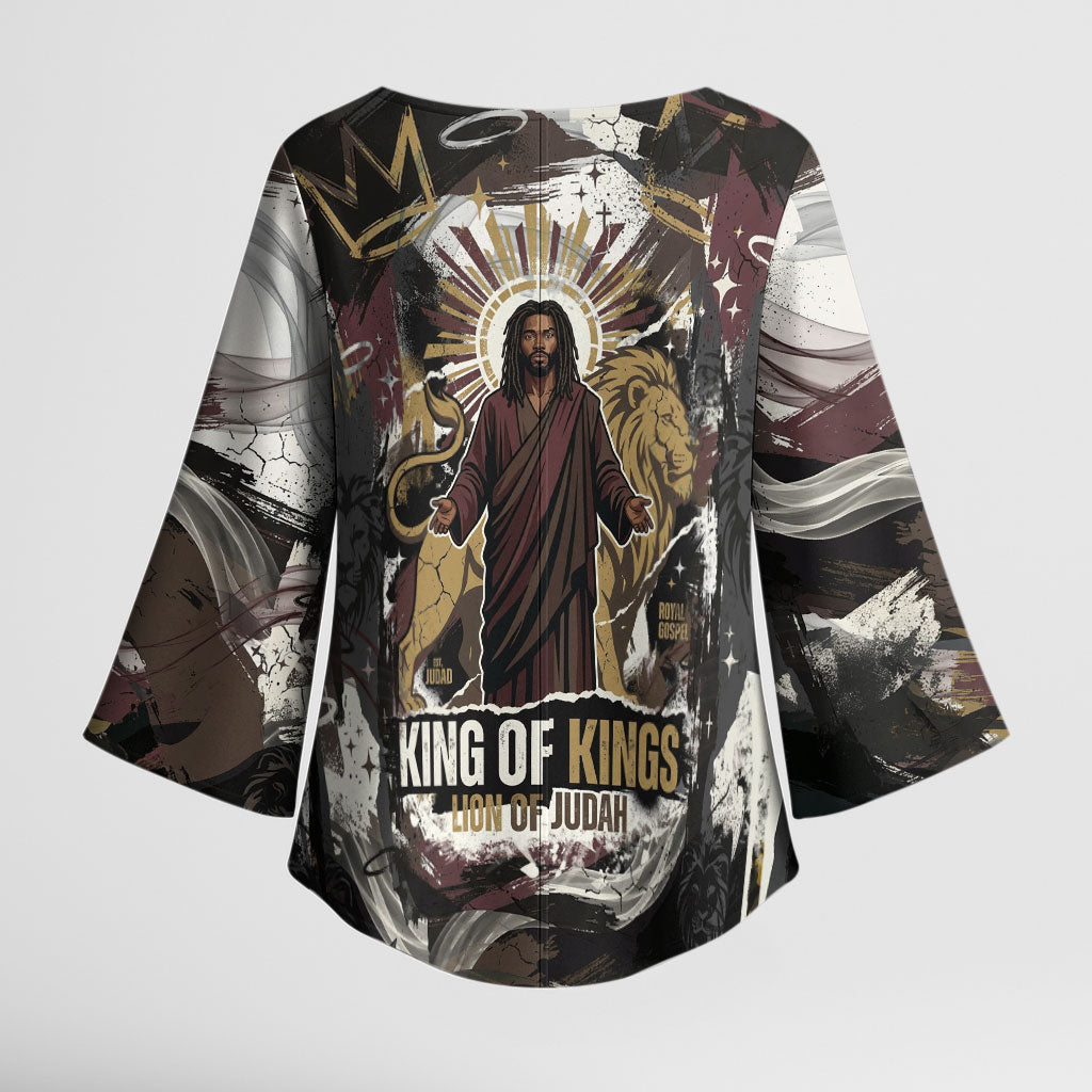 King Of Kings Jesus Is King Lion Of Judah Africa Kimono Sleeve Blouse Black Christ Religious Faith Lion Crown Grunge