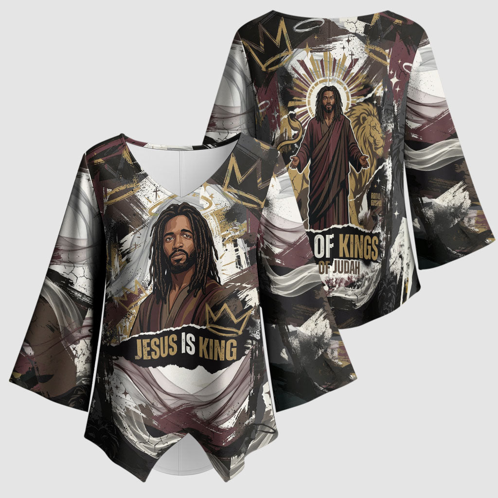 King Of Kings Jesus Is King Lion Of Judah Africa Kimono Sleeve Blouse Black Christ Religious Faith Lion Crown Grunge